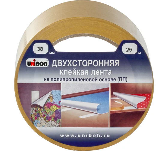 Лента клейкая двухсторонняя UNIBOB 38мм х 25м (полупроп.)