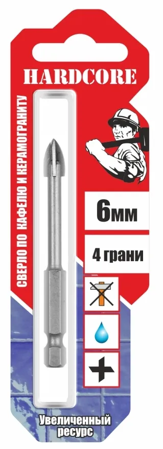 Сверло по стеклу и плитке "перо" 6мм HARDCOR