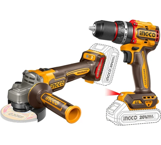 Набор Б/Щ INGCO 20V MAX  шуроповерт ударный 66Нм + УШМ 115/125мм, 2АКБ+ЗУ, КЕЙС/диски
