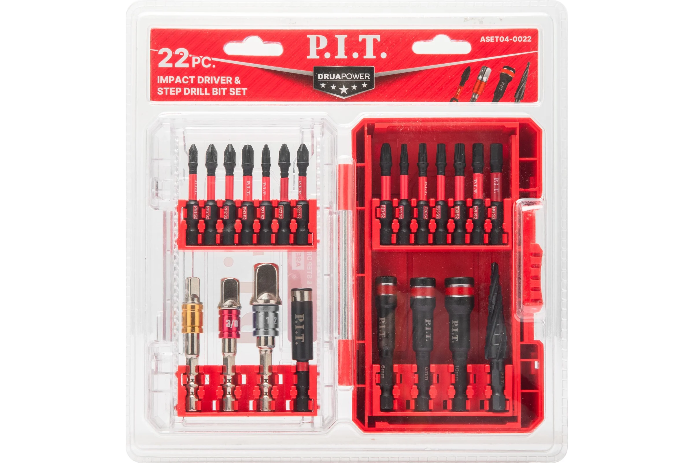 Набор бит ударных P.I.T 22 шт (биты + насадки + адаптера 1/4-3/8-1/2") кейс